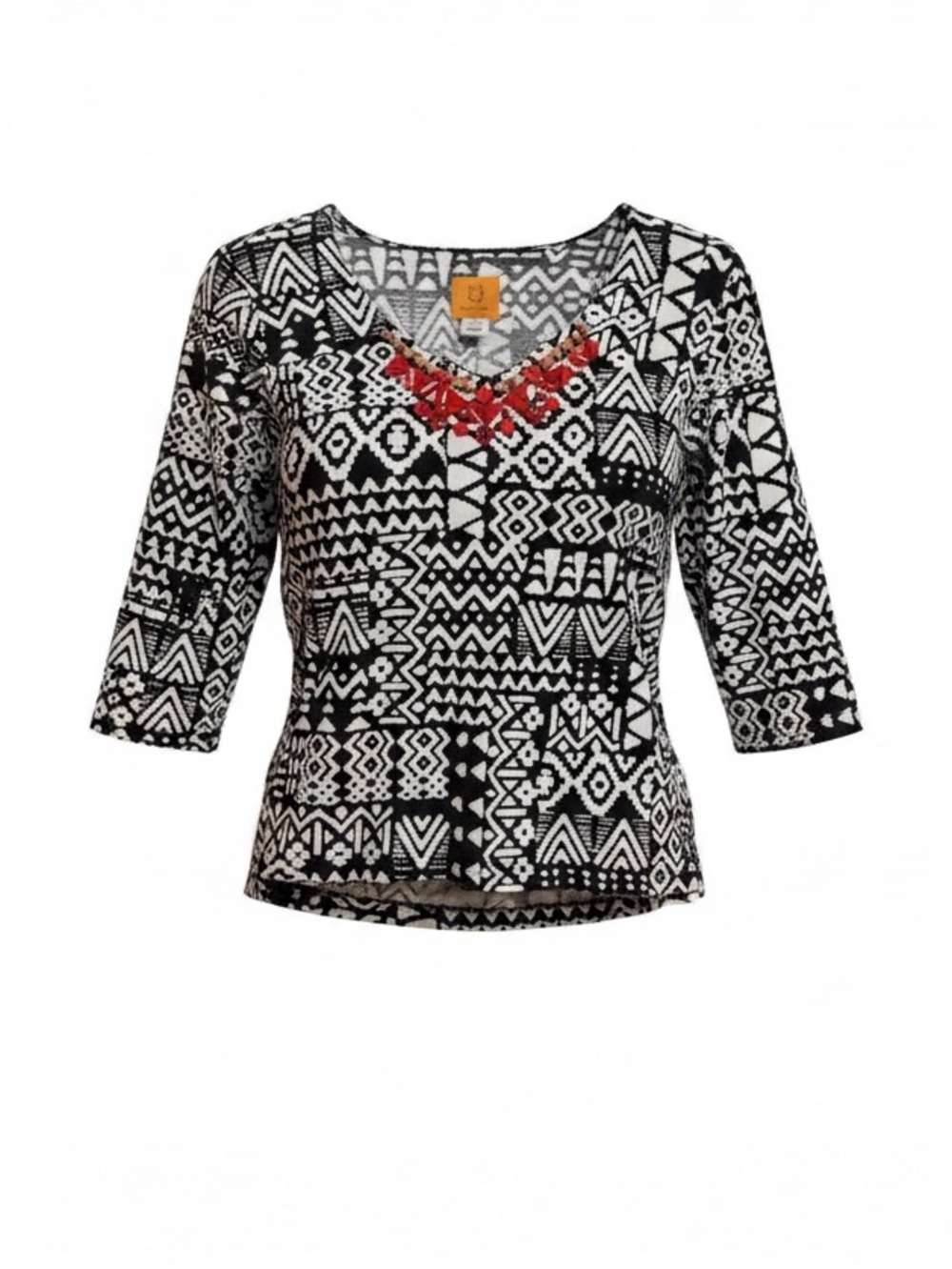 Ruby Rd. Black & White Geometric Long Sleeve Top with Red Neck Embellishment